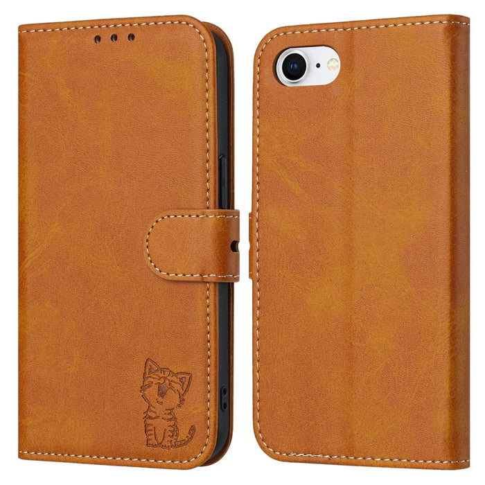 For iPhone 17e / 16e Case Happy Cat Pattern Imprinted Leather Wallet Phone Cover - Yellow - 1