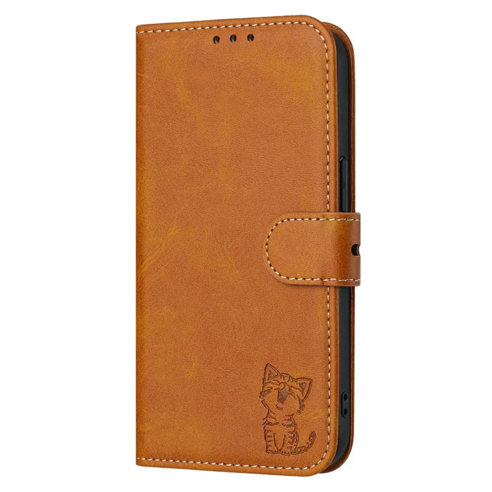 For iPhone 17e / 16e Case Happy Cat Pattern Imprinted Leather Wallet Phone Cover - Yellow - 7