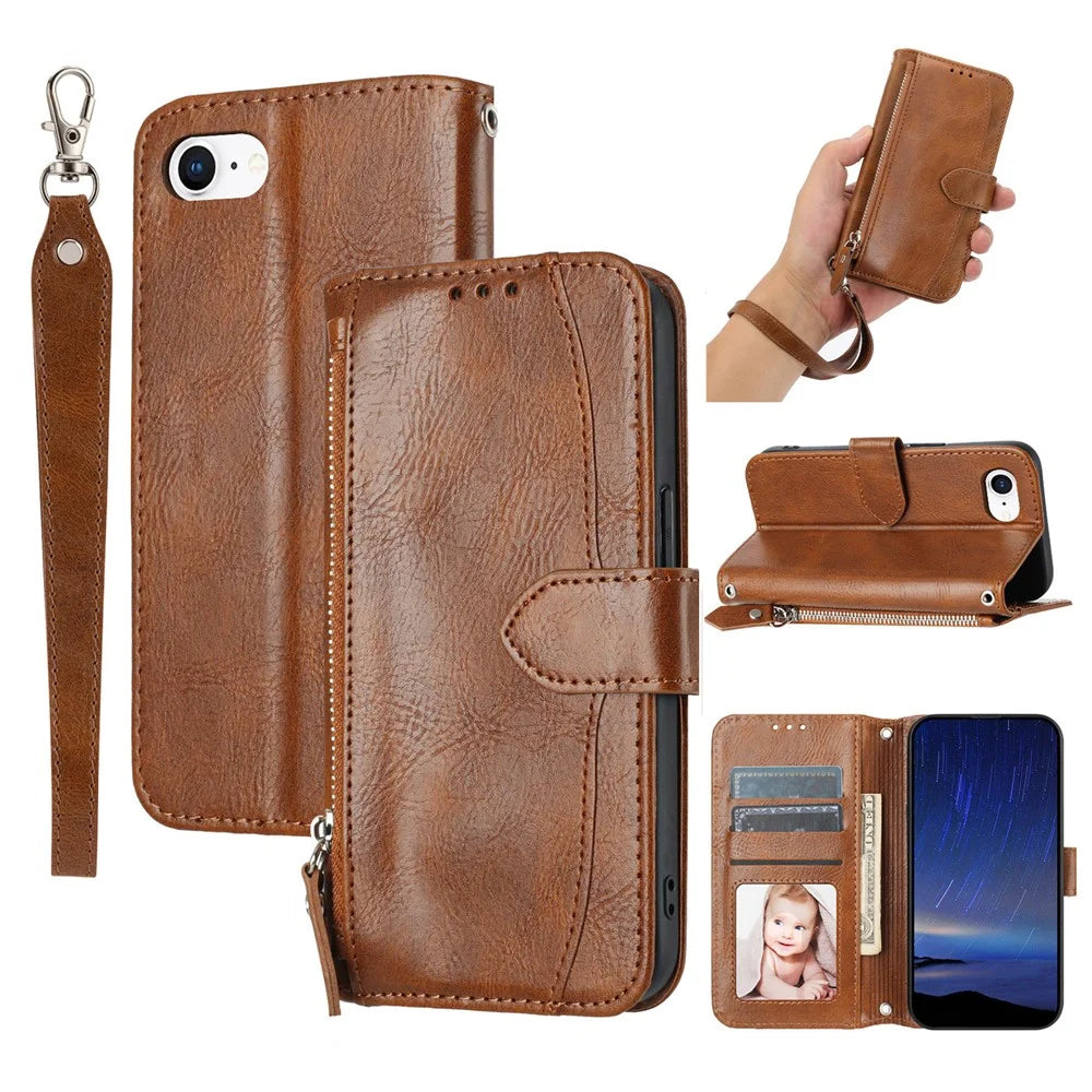 For iPhone 17e / 16e Case Zipper Pocket Leather Phone Cover with Crossbody Shoulder Strap - Brown - 1