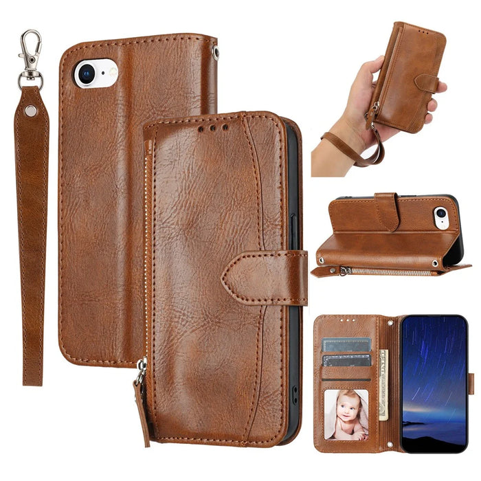 For iPhone 17e / 16e Case Zipper Pocket Leather Phone Cover with Crossbody Shoulder Strap - Brown - 1