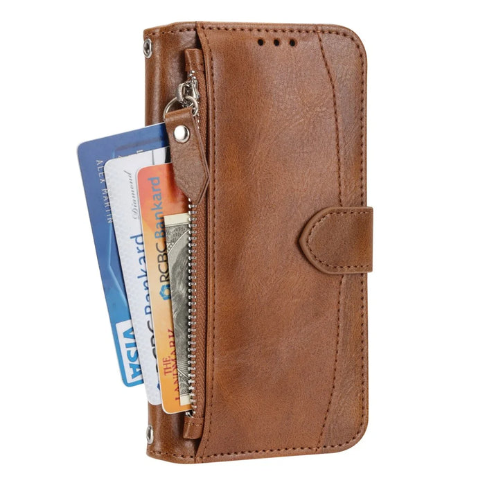 For iPhone 17e / 16e Case Zipper Pocket Leather Phone Cover with Crossbody Shoulder Strap - Brown - 7