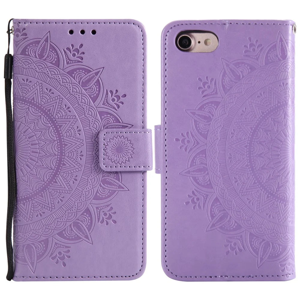 For iPhone 17e / 16e Stand Case Imprinted Totem PU Leather Wallet Phone Cover - Purple - 1