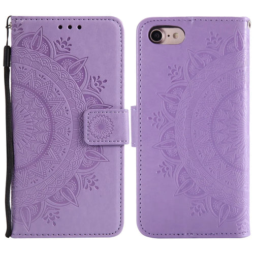 For iPhone 17e / 16e Stand Case Imprinted Totem PU Leather Wallet Phone Cover - Purple - 1
