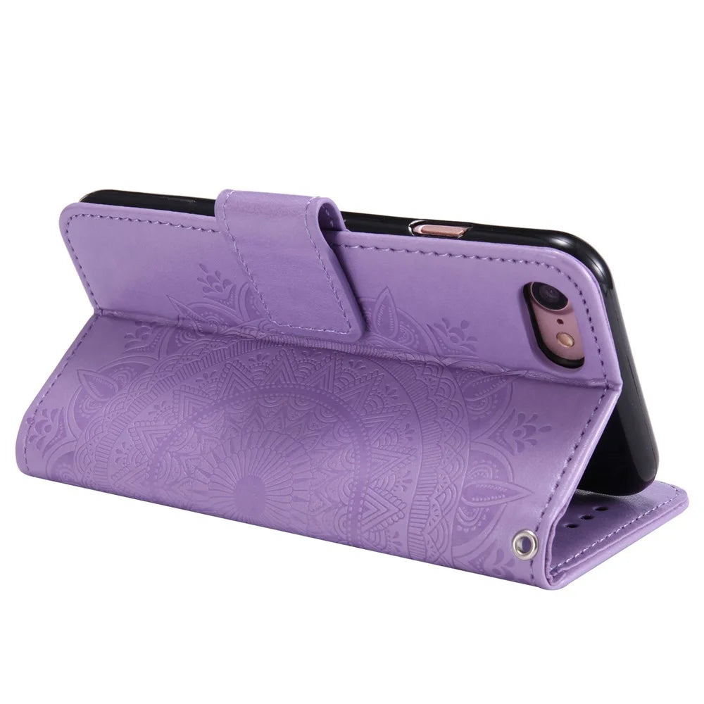 For iPhone 17e / 16e Stand Case Imprinted Totem PU Leather Wallet Phone Cover - Purple - 4