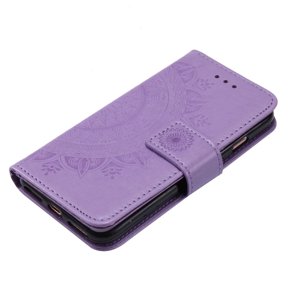 For iPhone 17e / 16e Stand Case Imprinted Totem PU Leather Wallet Phone Cover - Purple - 5