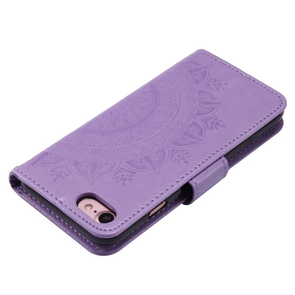 For iPhone 17e / 16e Stand Case Imprinted Totem PU Leather Wallet Phone Cover - Purple - 6