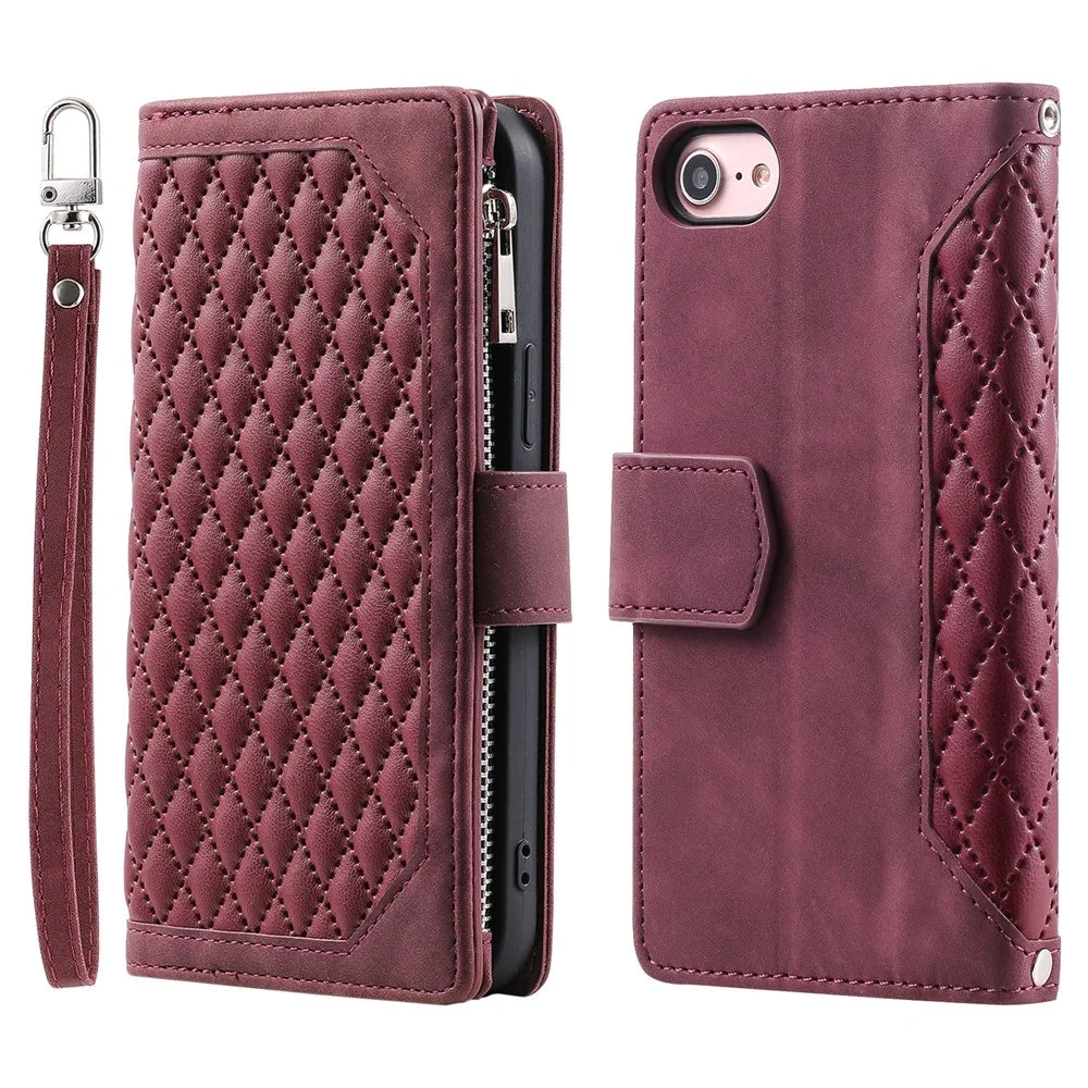 For iPhone 17e / 16e Case Rhombus Imprinted Zipper Wallet Leather Cover with Strap - Wine Red - 1