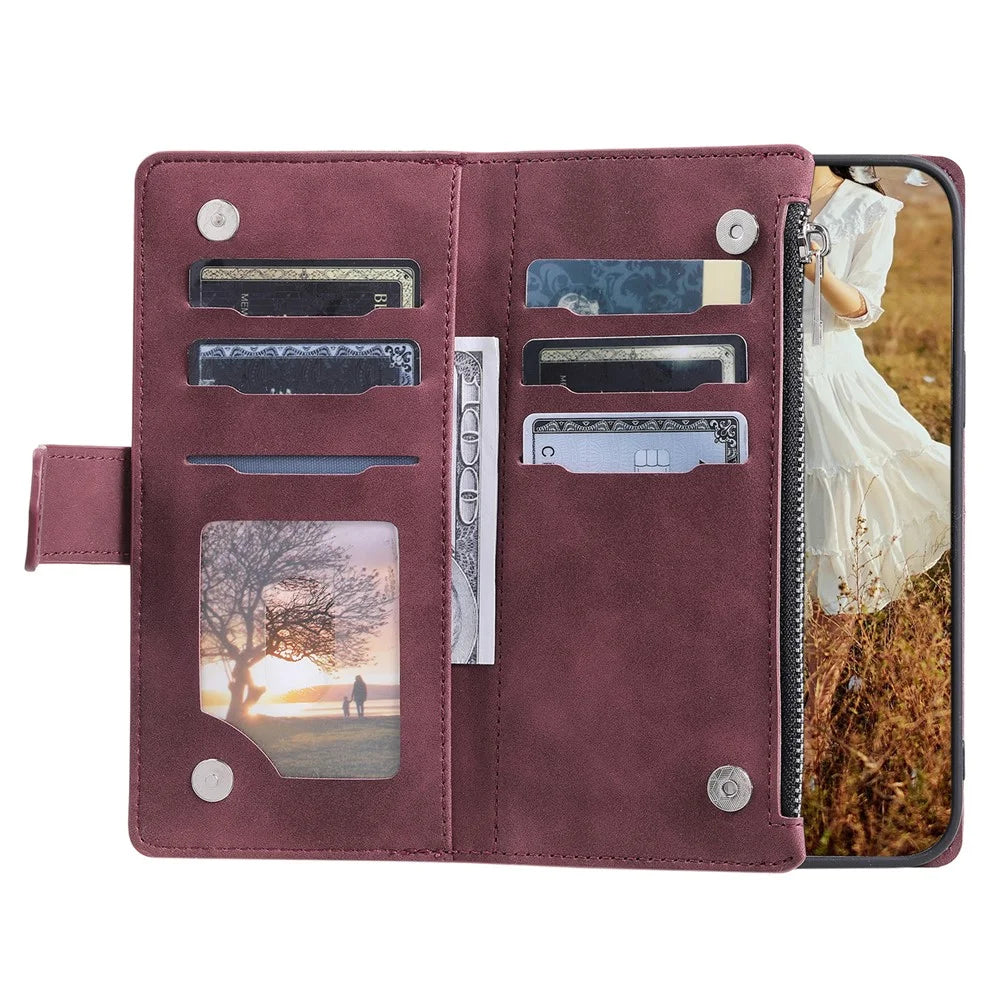 For iPhone 17e / 16e Case Rhombus Imprinted Zipper Wallet Leather Cover with Strap - Wine Red - 2