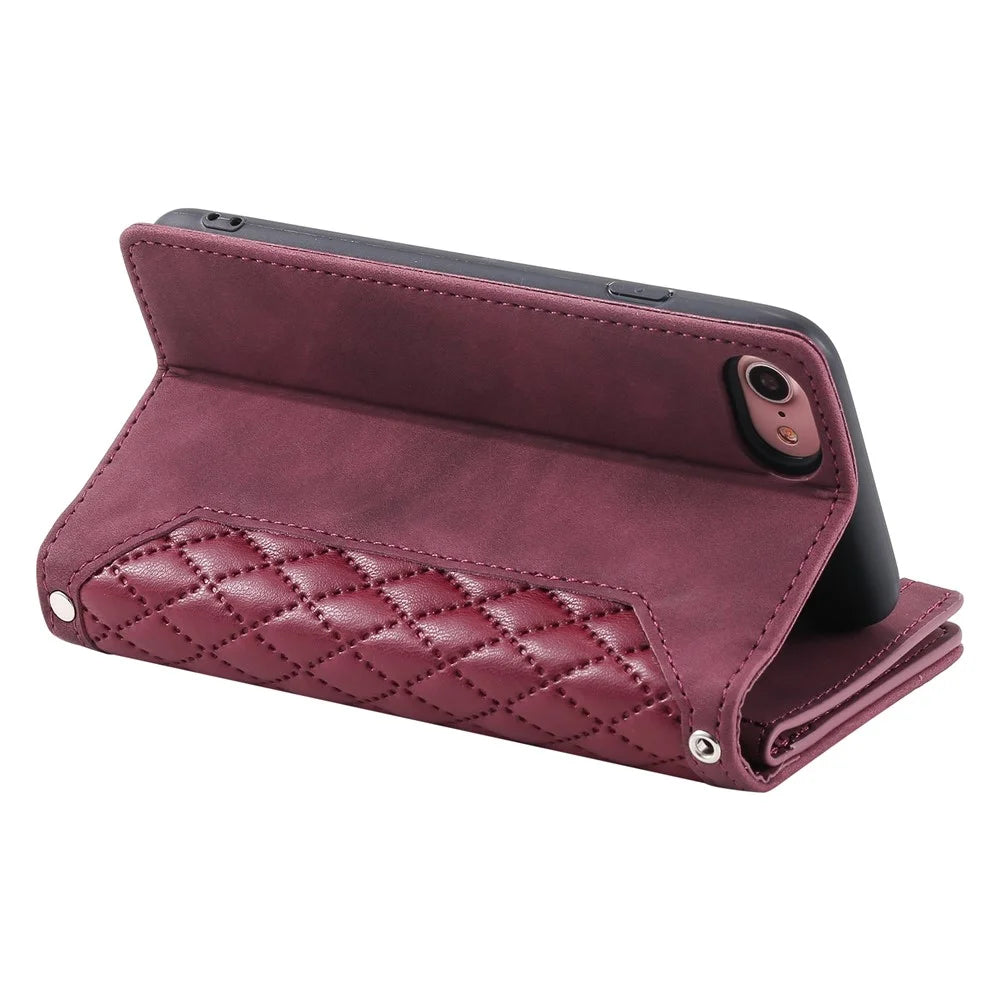 For iPhone 17e / 16e Case Rhombus Imprinted Zipper Wallet Leather Cover with Strap - Wine Red - 4