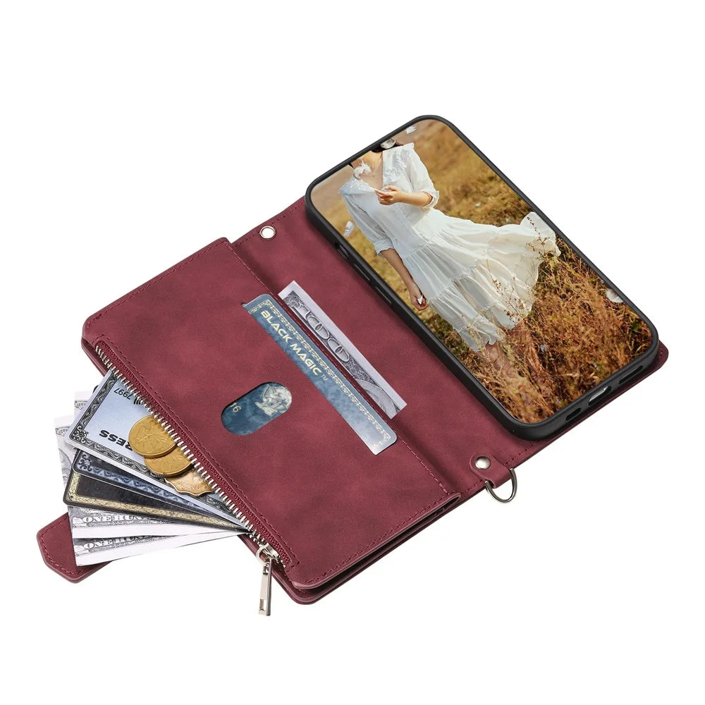For iPhone 17e / 16e Case Rhombus Imprinted Zipper Wallet Leather Cover with Strap - Wine Red - 5