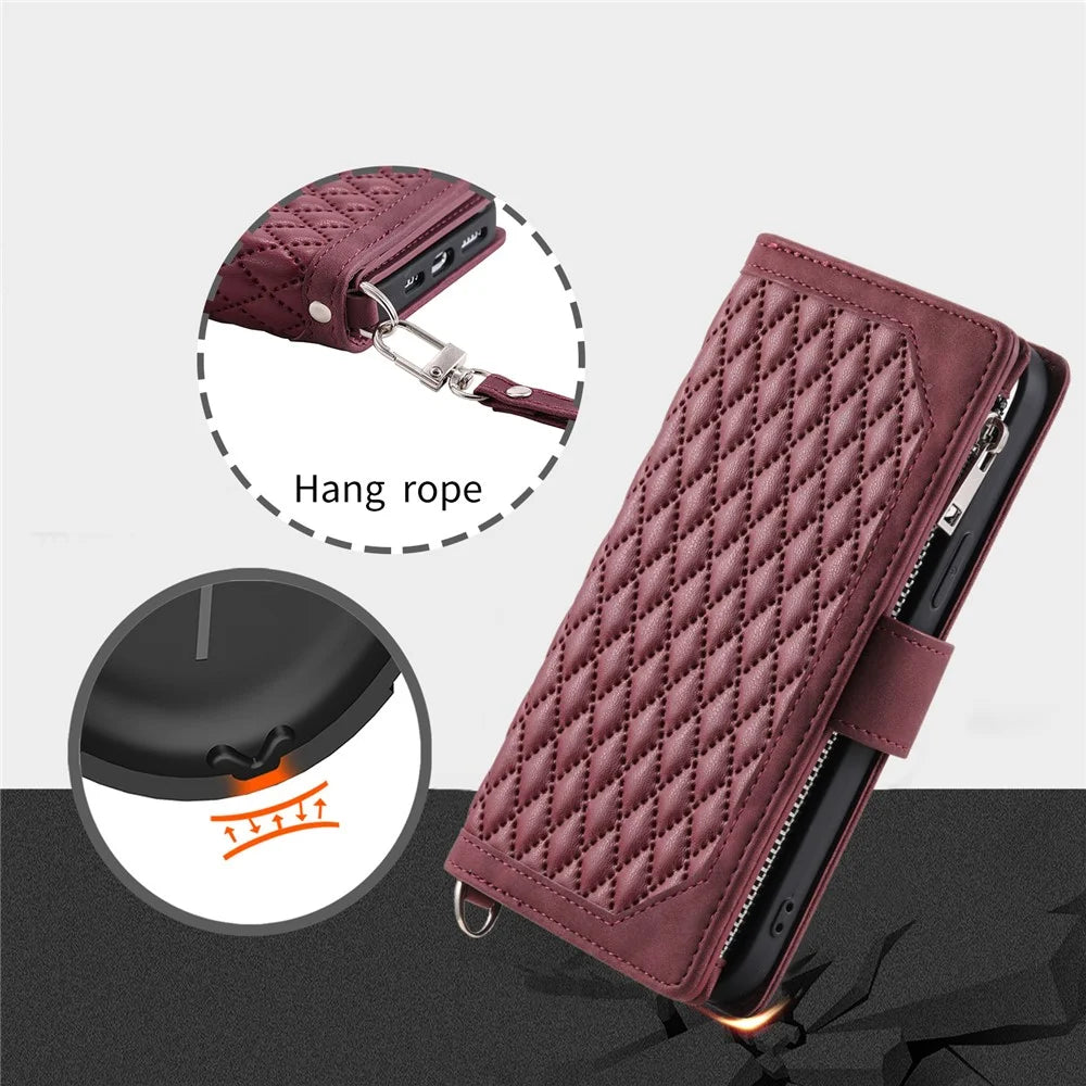 For iPhone 17e / 16e Case Rhombus Imprinted Zipper Wallet Leather Cover with Strap - Wine Red - 6