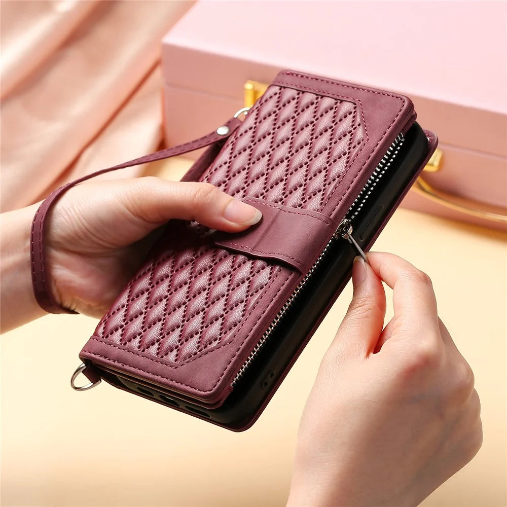 For iPhone 17e / 16e Case Rhombus Imprinted Zipper Wallet Leather Cover with Strap - Wine Red - 7