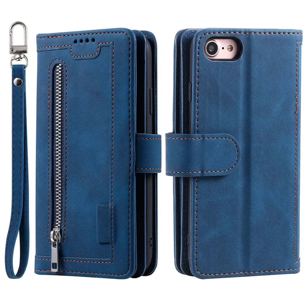 For iPhone 17e / 16e Case PU Leather Phone Cover with Zipper Wallet 9 Card Slots - Blue - 1