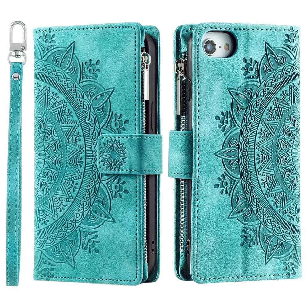 Style 006 For iPhone 17e / 16e Wallet Case PU Leather Phone Cover Mandala Flower Pattern - Mint Green - 1