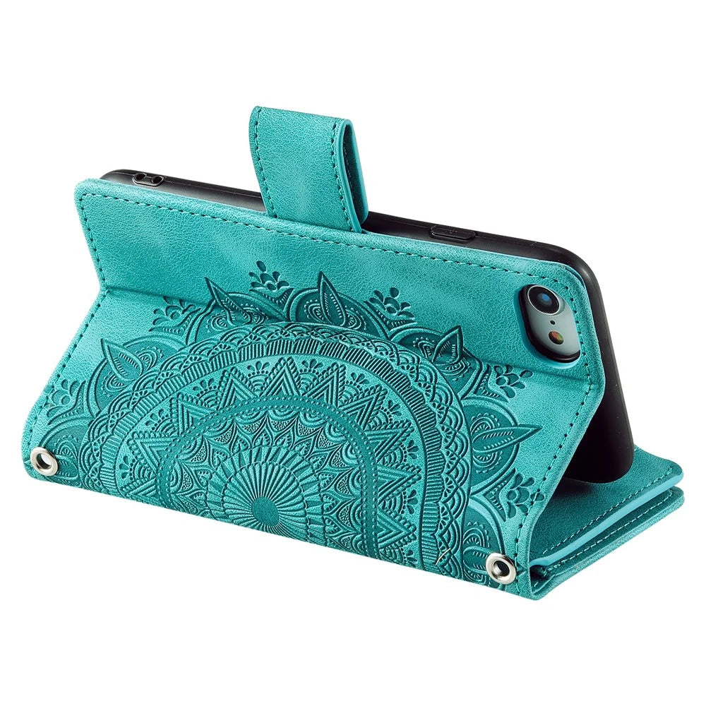 Style 006 For iPhone 17e / 16e Wallet Case PU Leather Phone Cover Mandala Flower Pattern - Mint Green - 3