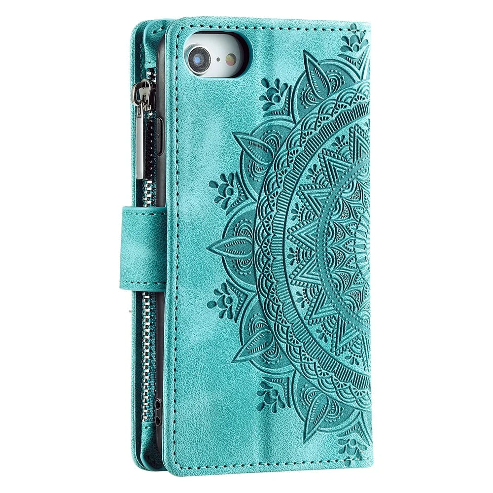 Style 006 For iPhone 17e / 16e Wallet Case PU Leather Phone Cover Mandala Flower Pattern - Mint Green - 6