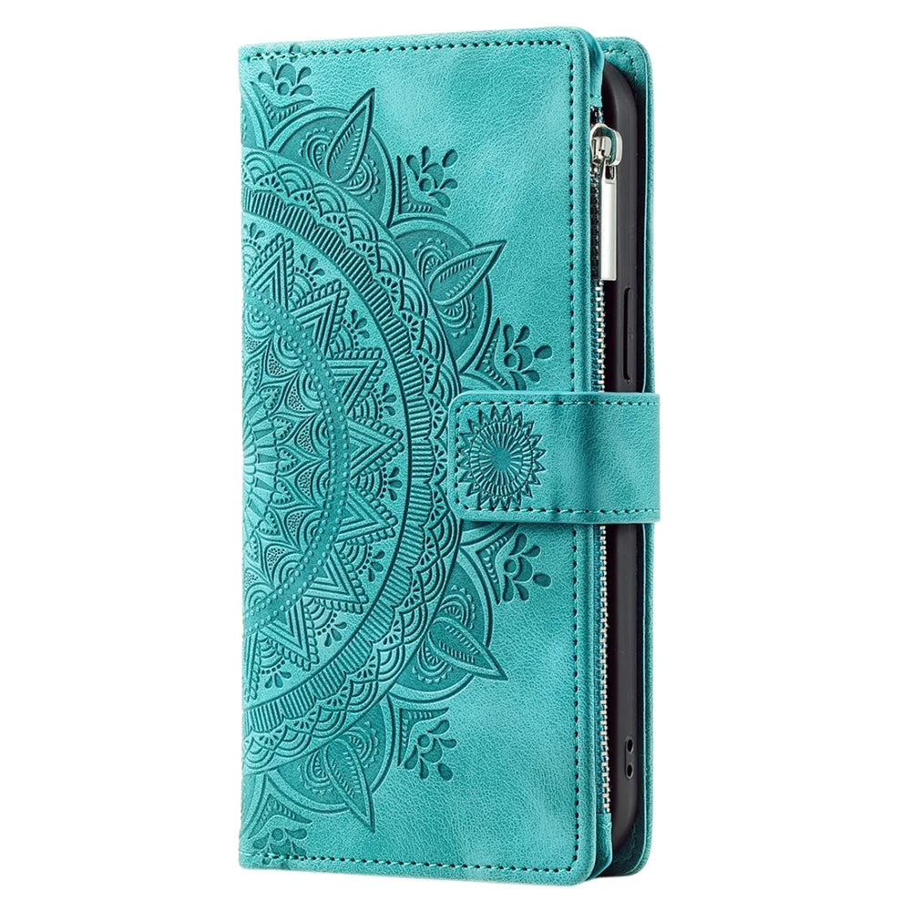 Style 006 For iPhone 17e / 16e Wallet Case PU Leather Phone Cover Mandala Flower Pattern - Mint Green - 7