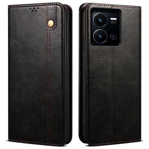 For vivo Y35 4G (2022) / Y22 4G / Y22s 4G Wallet Phone Case Shockproof Folio Flip Cover Waxy Crazy Horse Texture Magnetic Auto-absorbed Leather Case TPU Inner Shell with Stand - Black - 1