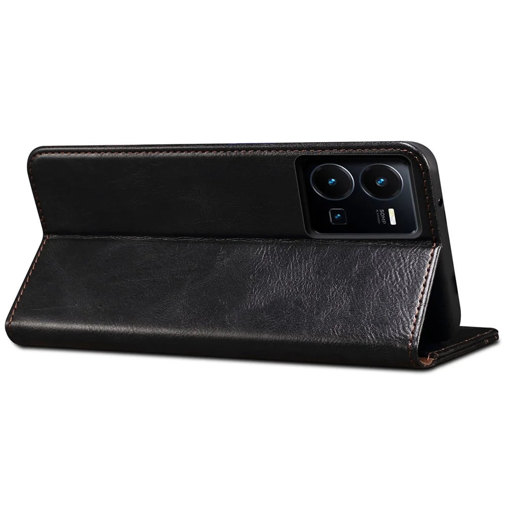 For vivo Y35 4G (2022) / Y22 4G / Y22s 4G Wallet Phone Case Shockproof Folio Flip Cover Waxy Crazy Horse Texture Magnetic Auto-absorbed Leather Case TPU Inner Shell with Stand - Black - 4