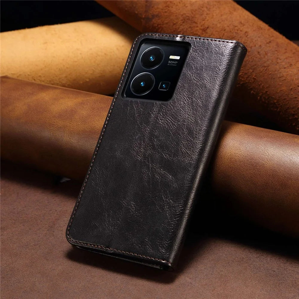 For vivo Y35 4G (2022) / Y22 4G / Y22s 4G Wallet Phone Case Shockproof Folio Flip Cover Waxy Crazy Horse Texture Magnetic Auto-absorbed Leather Case TPU Inner Shell with Stand - Black - 5