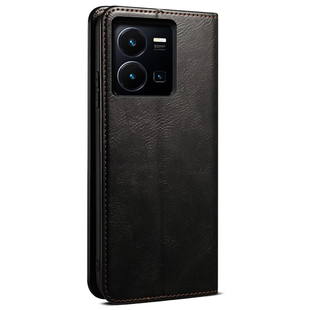 For vivo Y35 4G (2022) / Y22 4G / Y22s 4G Wallet Phone Case Shockproof Folio Flip Cover Waxy Crazy Horse Texture Magnetic Auto-absorbed Leather Case TPU Inner Shell with Stand - Black - 7