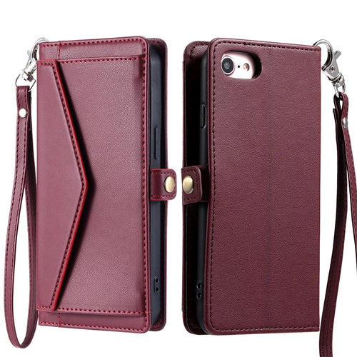 For iPhone 17e / 16e Leather Case with Wrist Strap Wallet Stand Phone Cover - Wine Red - 1
