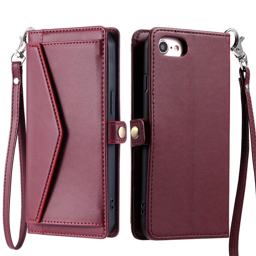 For iPhone 17e / 16e Leather Case with Wrist Strap Wallet Stand Phone Cover - Wine Red - 1