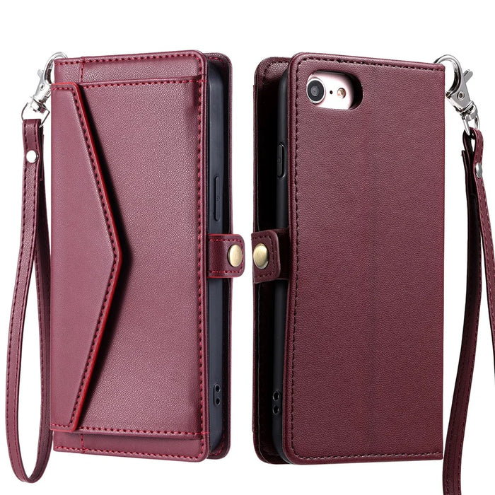 For iPhone 17e / 16e Leather Case with Wrist Strap Wallet Stand Phone Cover - Wine Red - 1