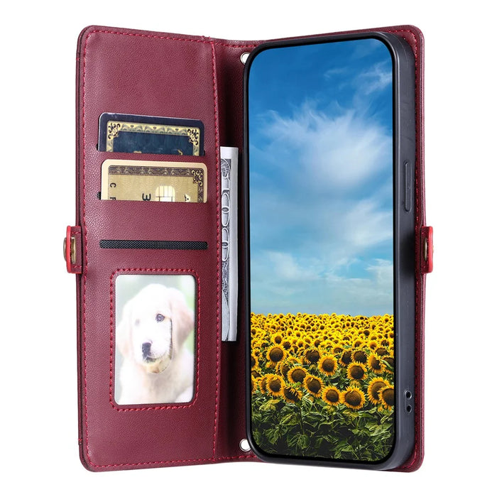 For iPhone 17e / 16e Leather Case with Wrist Strap Wallet Stand Phone Cover - Wine Red - 2
