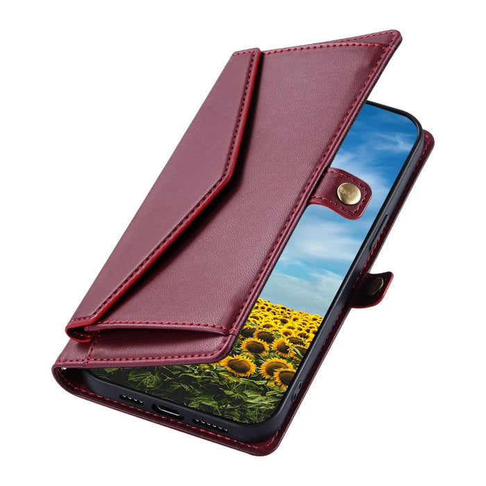 For iPhone 17e / 16e Leather Case with Wrist Strap Wallet Stand Phone Cover - Wine Red - 6