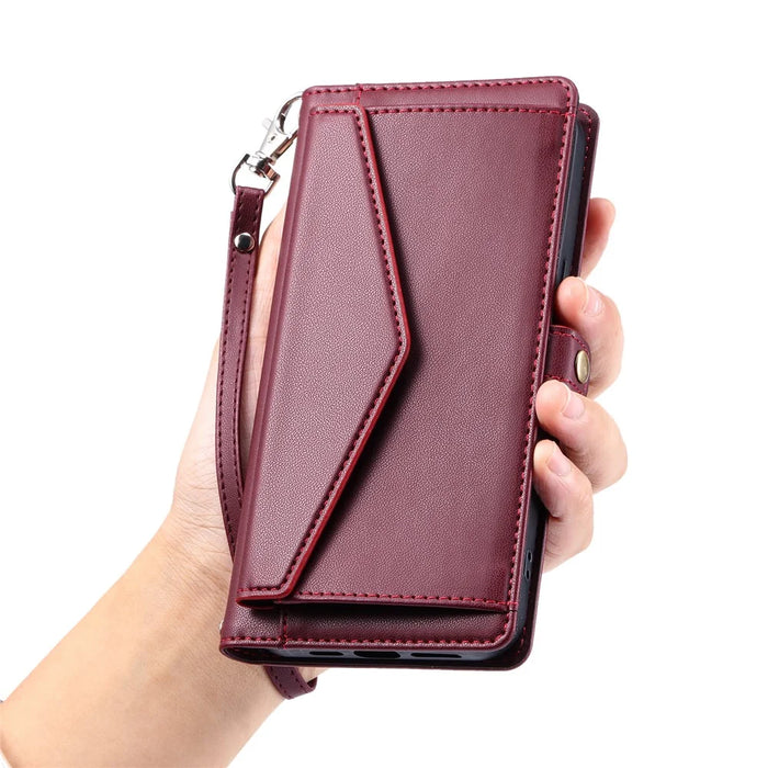 For iPhone 17e / 16e Leather Case with Wrist Strap Wallet Stand Phone Cover - Wine Red - 7