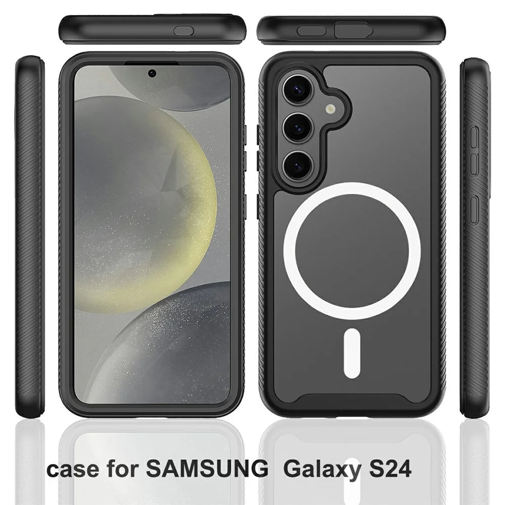For Samsung Galaxy S24 Magnetic Case PC+TPU Phone Cover with PET Screen Film All-Around Protection - Black - 5
