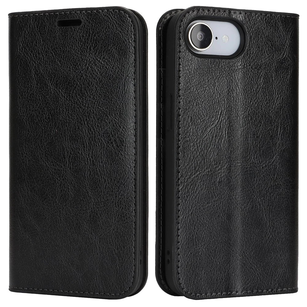 For iPhone 17e / 16e Case Crazy Horse Texture Split Leather Wallet Phone Cover - Black - 1