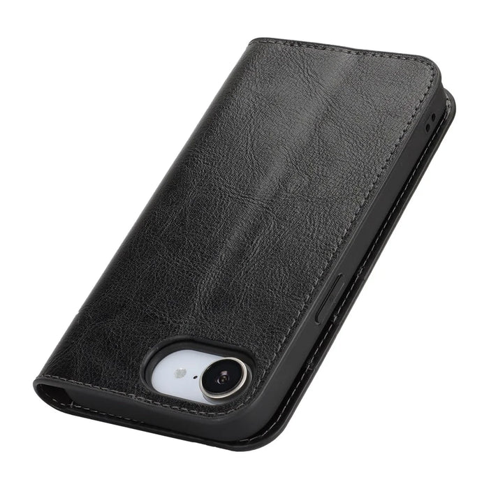 For iPhone 17e / 16e Case Crazy Horse Texture Split Leather Wallet Phone Cover - Black - 6
