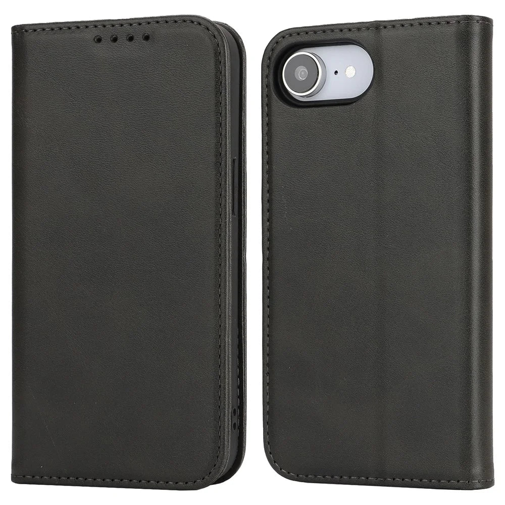 For iPhone 17e / 16e Case PU Leather Calf Textured Magnetic Closing Smart Phone Cover - Black - 1