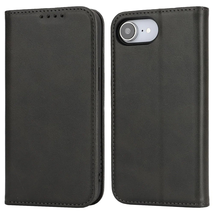 For iPhone 17e / 16e Case PU Leather Calf Textured Magnetic Closing Smart Phone Cover - Black - 1