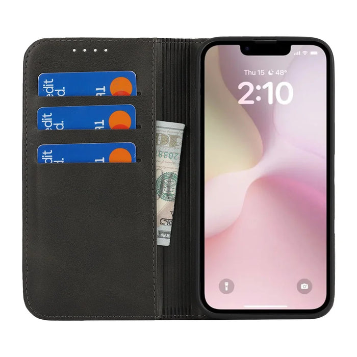 For iPhone 17e / 16e Case PU Leather Calf Textured Magnetic Closing Smart Phone Cover - Black - 2