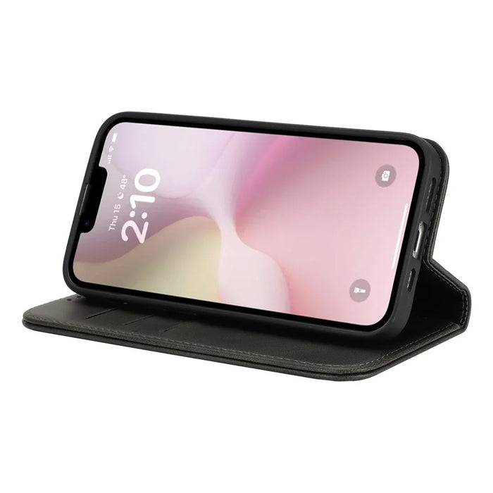 For iPhone 17e / 16e Case PU Leather Calf Textured Magnetic Closing Smart Phone Cover - Black - 4