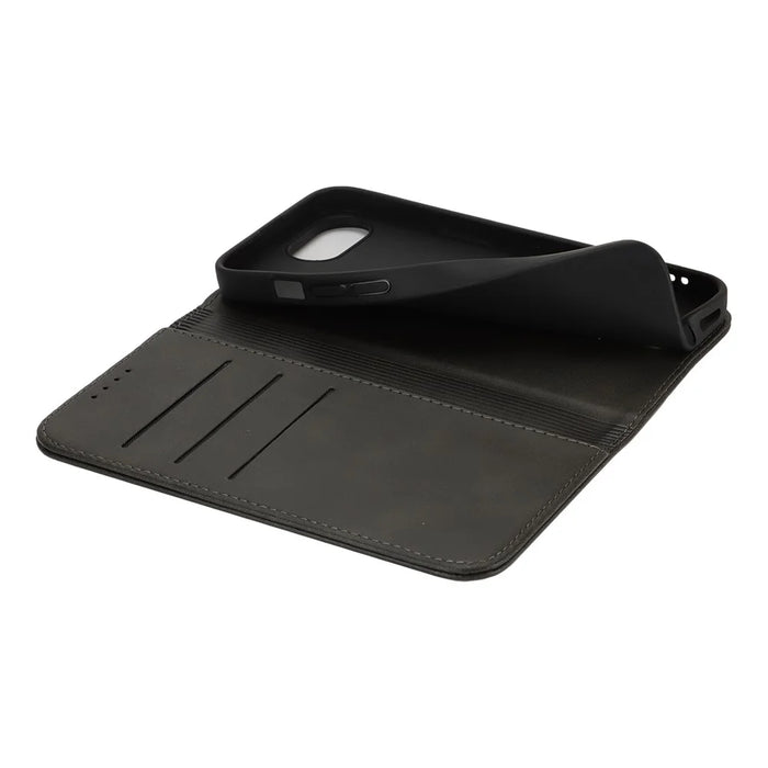 For iPhone 17e / 16e Case PU Leather Calf Textured Magnetic Closing Smart Phone Cover - Black - 5