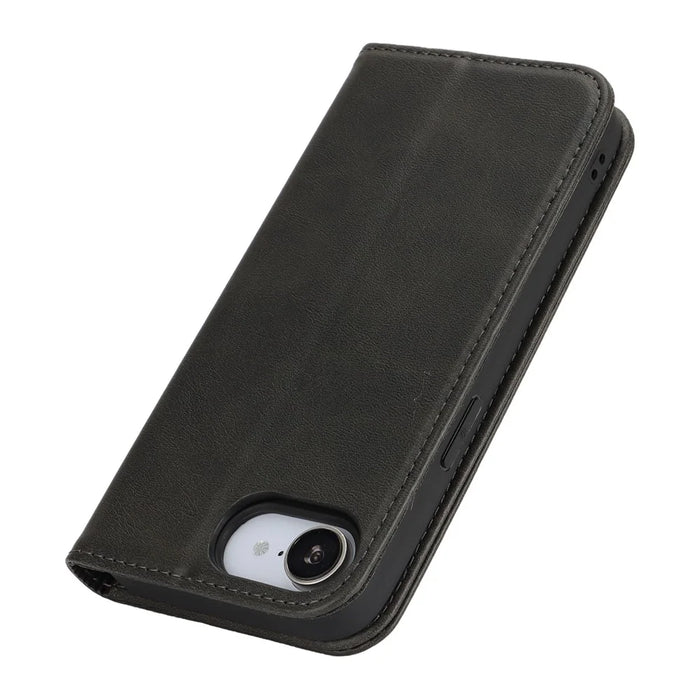 For iPhone 17e / 16e Case PU Leather Calf Textured Magnetic Closing Smart Phone Cover - Black - 6