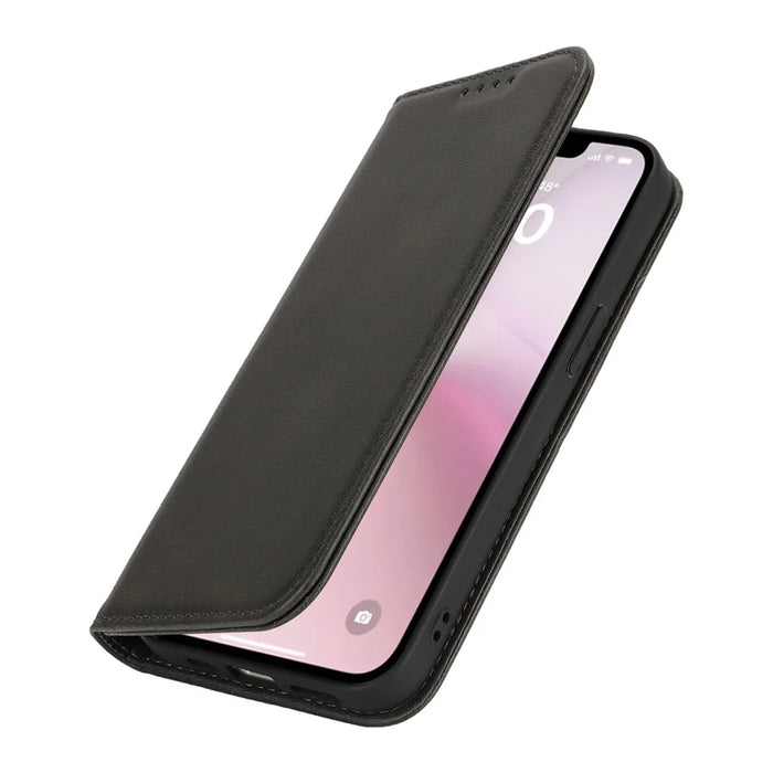 For iPhone 17e / 16e Case PU Leather Calf Textured Magnetic Closing Smart Phone Cover - Black - 7