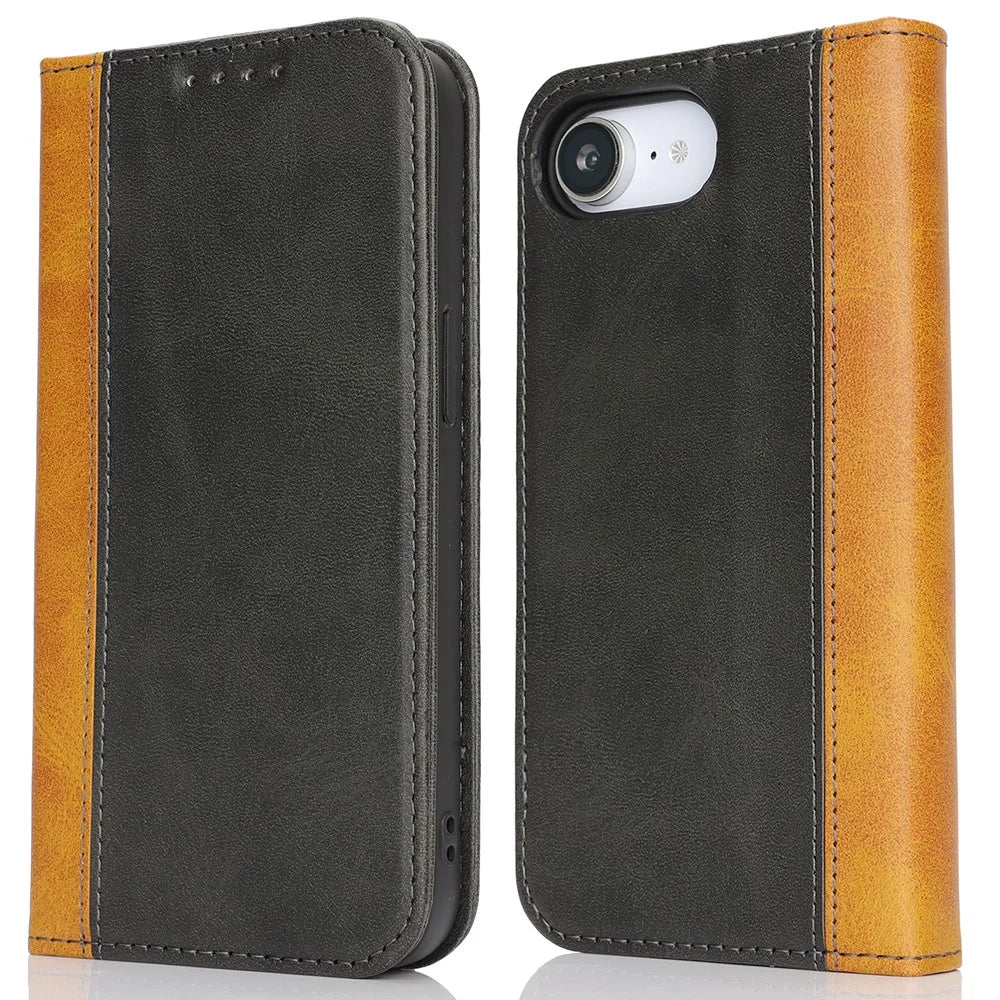 For iPhone 17e / 16e Case Calf Texture 3 Card Slots Color Splicing Leather Phone Cover - Black + Yellow - 1