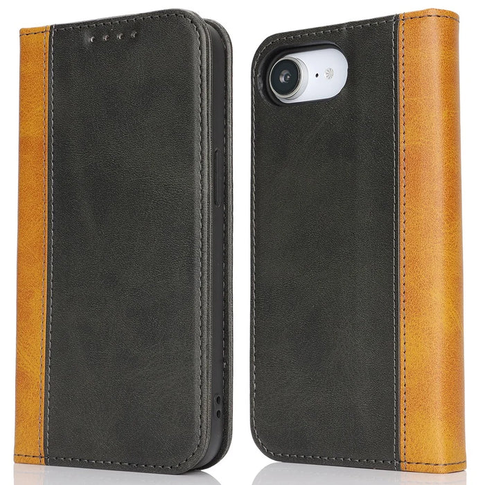 For iPhone 17e / 16e Case Calf Texture 3 Card Slots Color Splicing Leather Phone Cover - Black + Yellow - 1