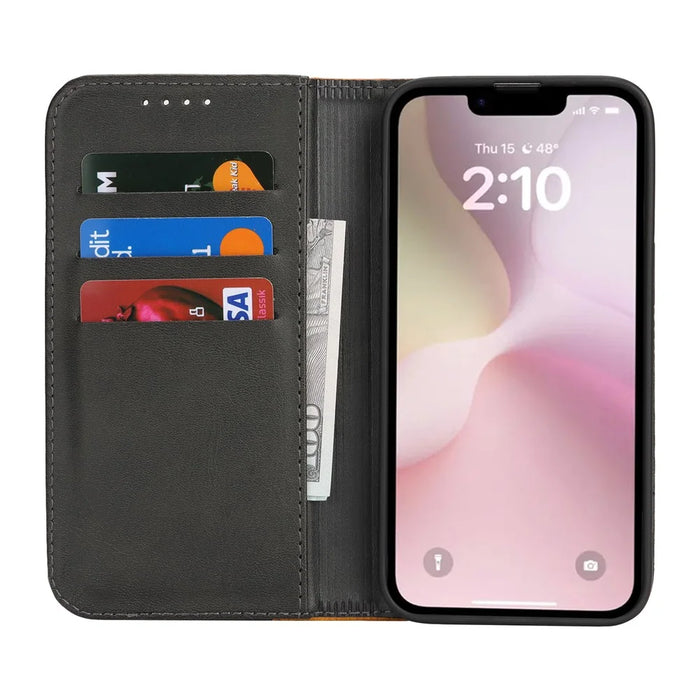 For iPhone 17e / 16e Case Calf Texture 3 Card Slots Color Splicing Leather Phone Cover - Black + Yellow - 2
