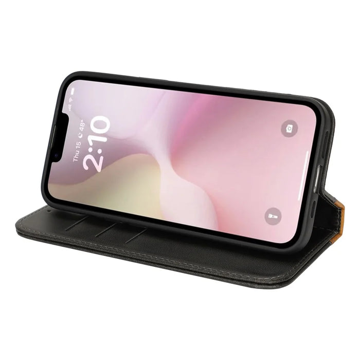 For iPhone 17e / 16e Case Calf Texture 3 Card Slots Color Splicing Leather Phone Cover - Black + Yellow - 4