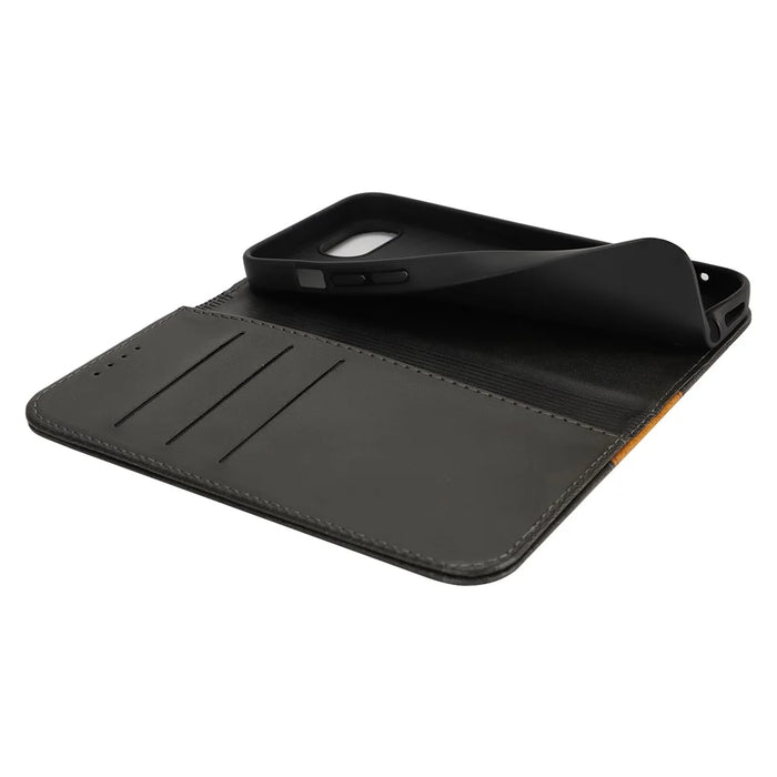 For iPhone 17e / 16e Case Calf Texture 3 Card Slots Color Splicing Leather Phone Cover - Black + Yellow - 5