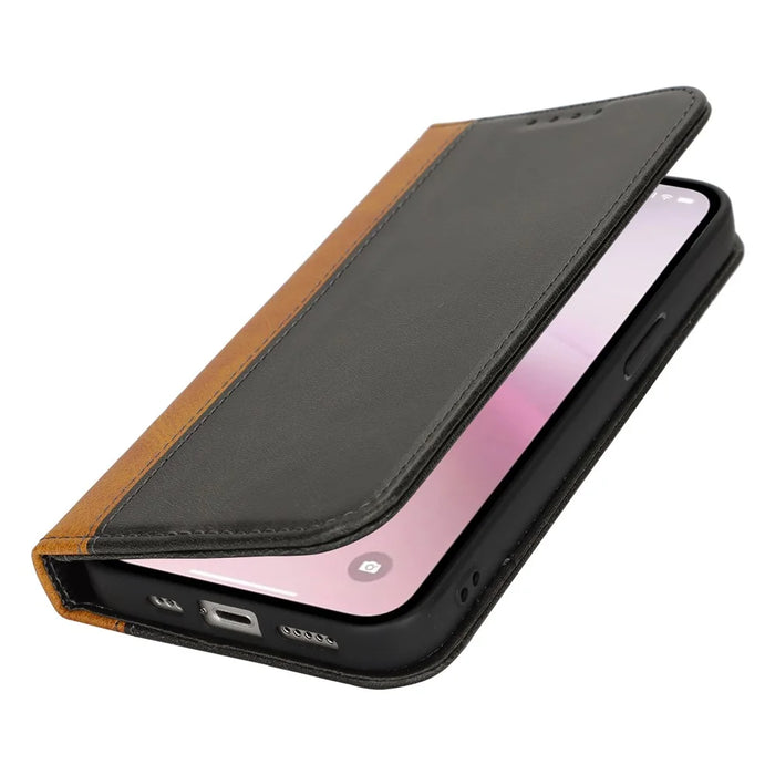 For iPhone 17e / 16e Case Calf Texture 3 Card Slots Color Splicing Leather Phone Cover - Black + Yellow - 7