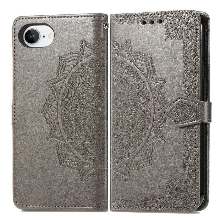 For iPhone 17e / 16e Wallet Case Mandala Flower Leather Phone Cover Stand - Grey - 2