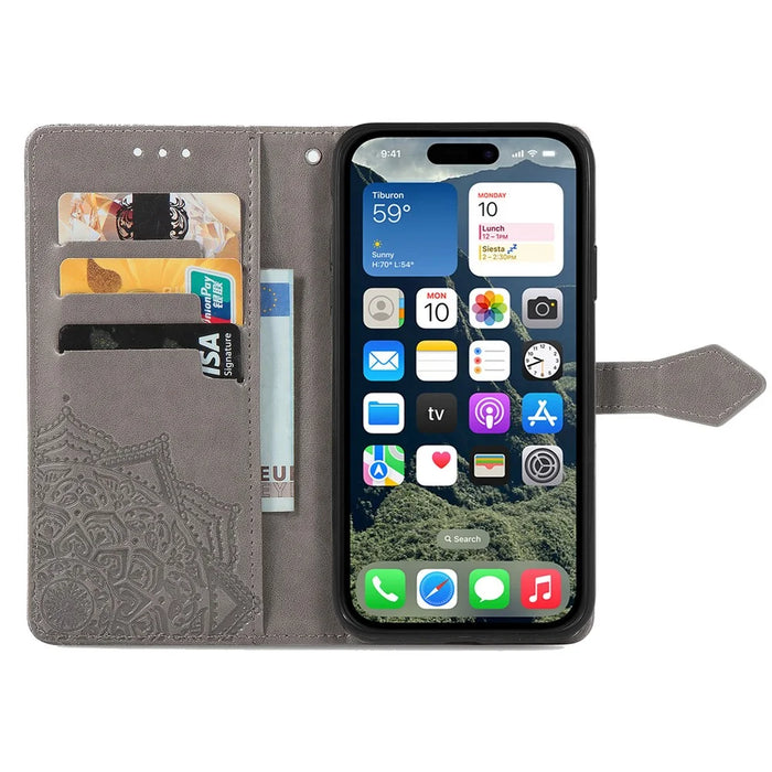 For iPhone 17e / 16e Wallet Case Mandala Flower Leather Phone Cover Stand - Grey - 3