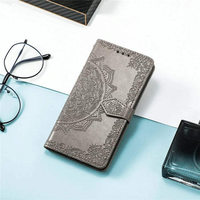 For iPhone 17e / 16e Wallet Case Mandala Flower Leather Phone Cover Stand - Grey - 5